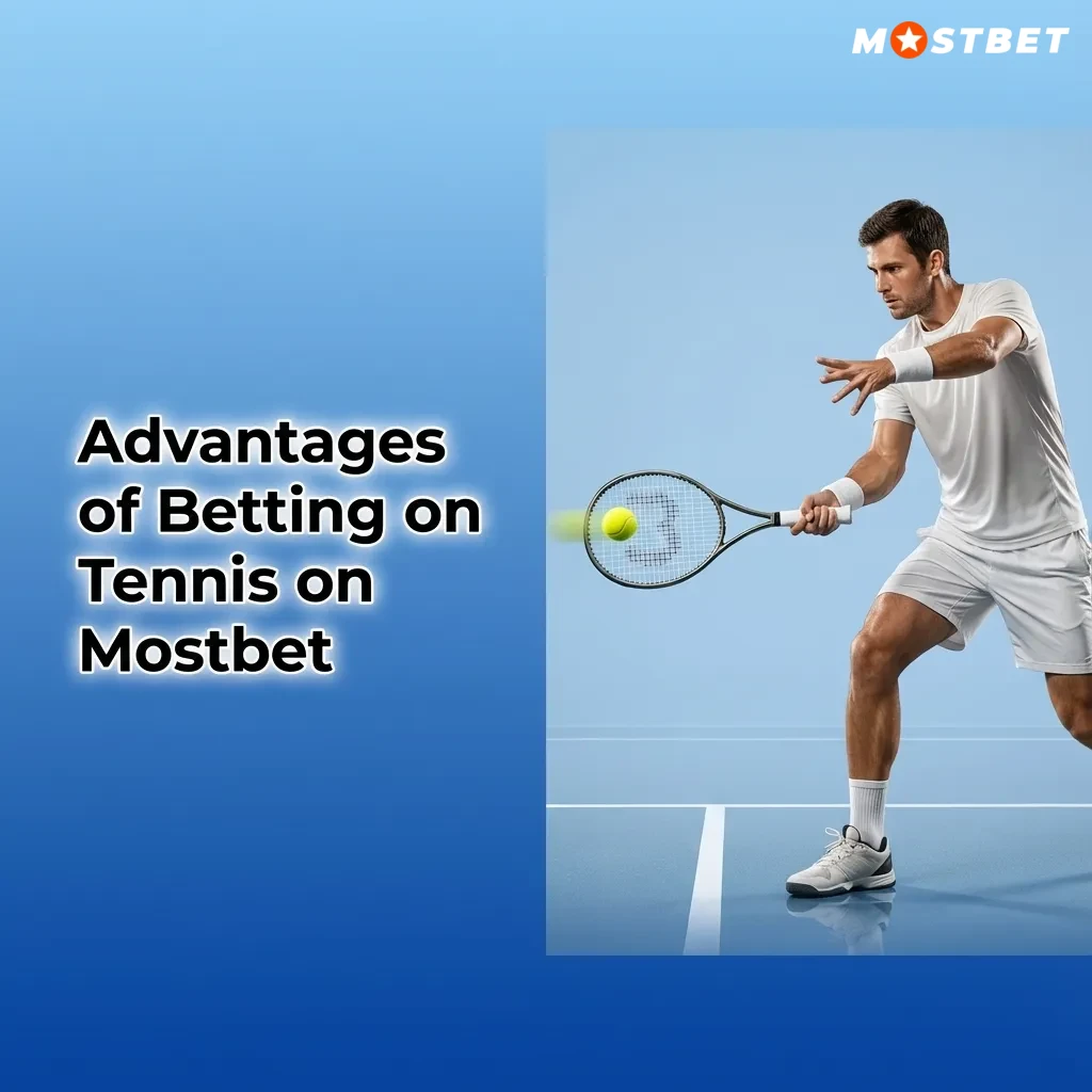 Infographic showing Mostbet tennis advantages: wide tournaments, live bets, fast odds, Indian payments, cash out, apps, stats