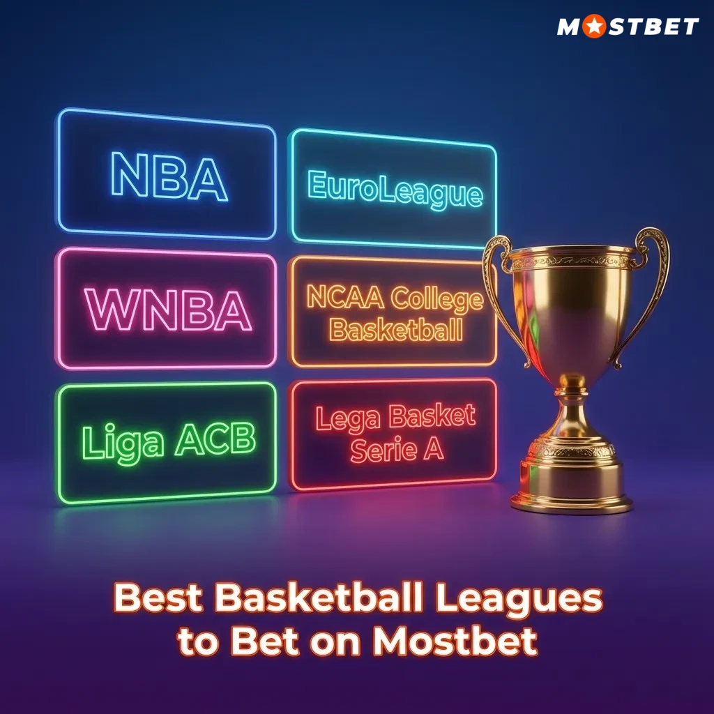 Illustrated basketball with global league logos and Mostbet branding highlighting top tournaments to bet on