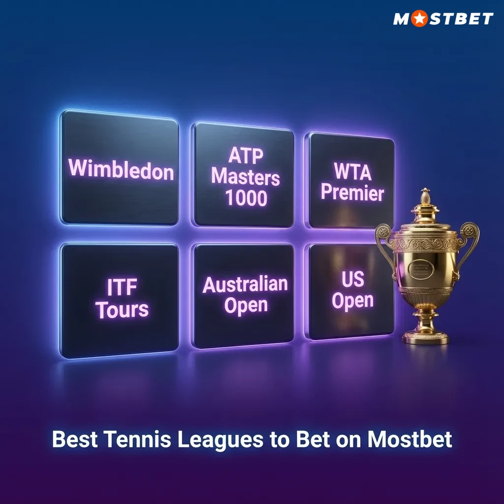 Graphic for “Best Tennis Leagues to Bet on Mostbet” featuring icons of Grand Slams, ATP, WTA, and lower-tier tennis events