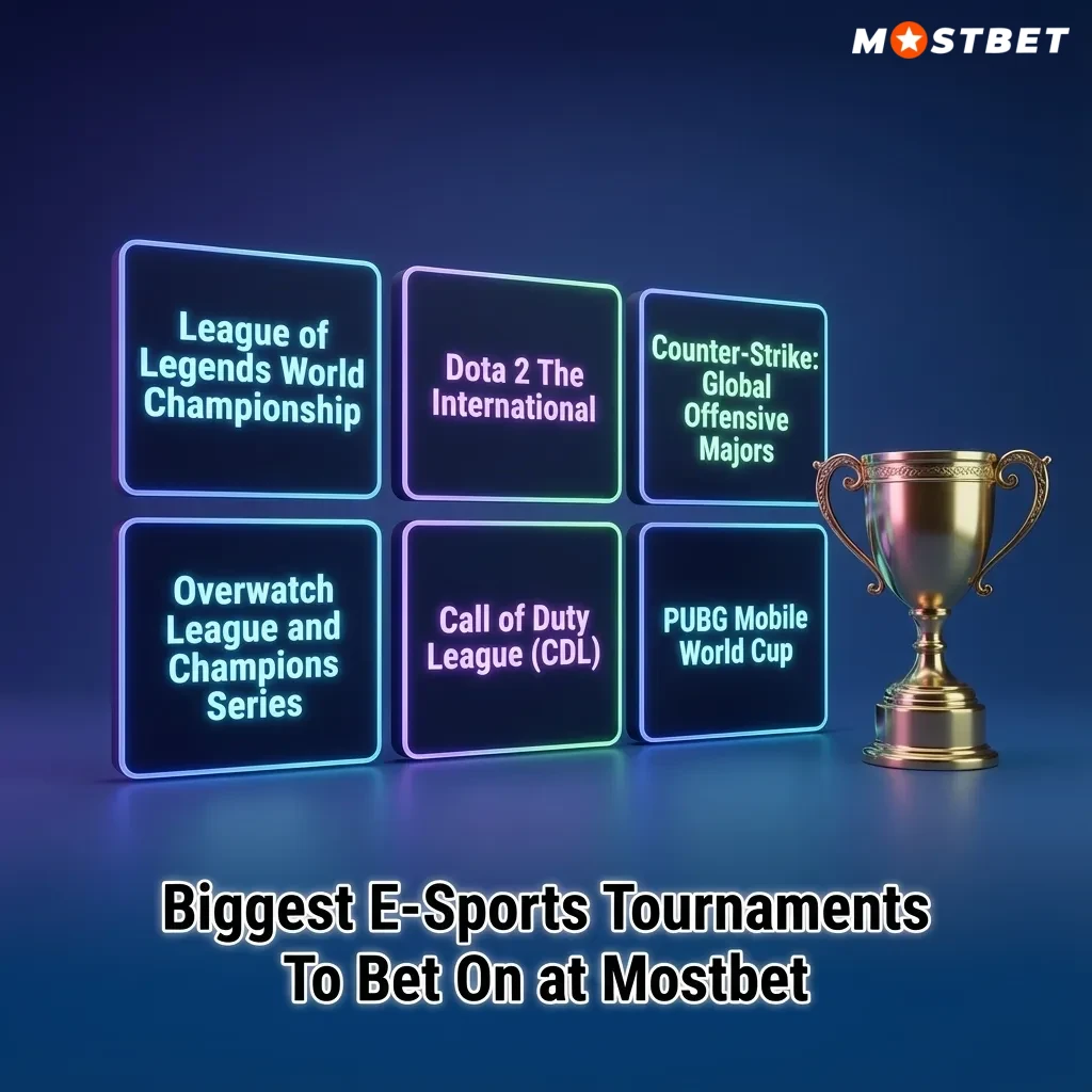 Mostbet esports betting banner listing major tournaments for Dota 2, CS2, LoL, Valorant, StarCraft II, MLBB and R6 Siege