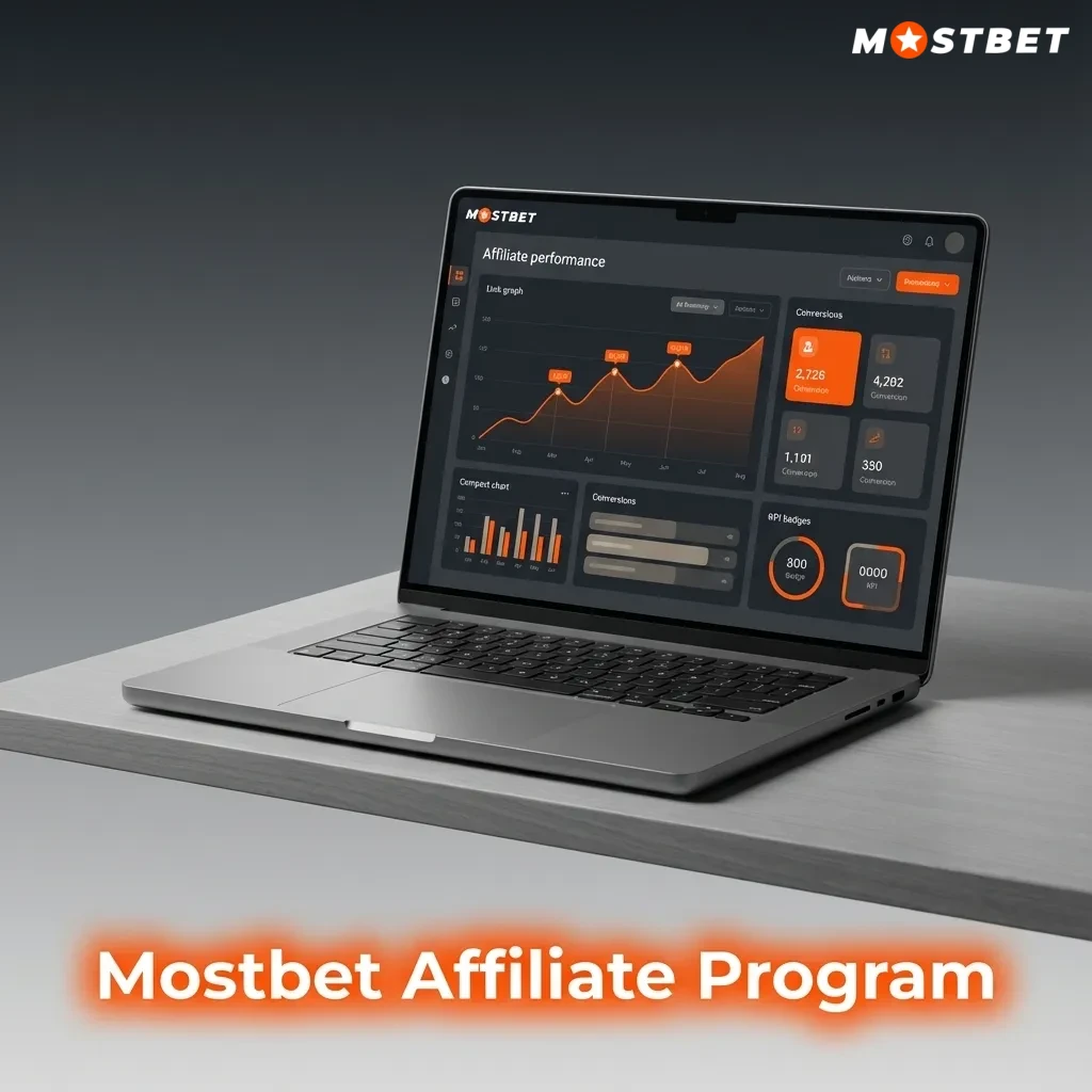 Mostbet affiliate program banner showing commission earnings, tracking links, and marketing tools for betting traffic affiliates
