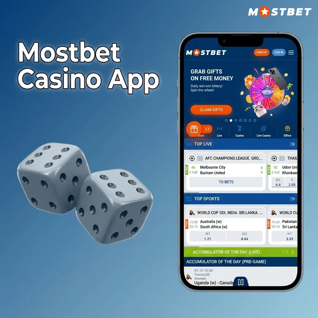 Smartphone screen showing the Mostbet app casino lobby with slots, live dealer tables, and sports betting tabs