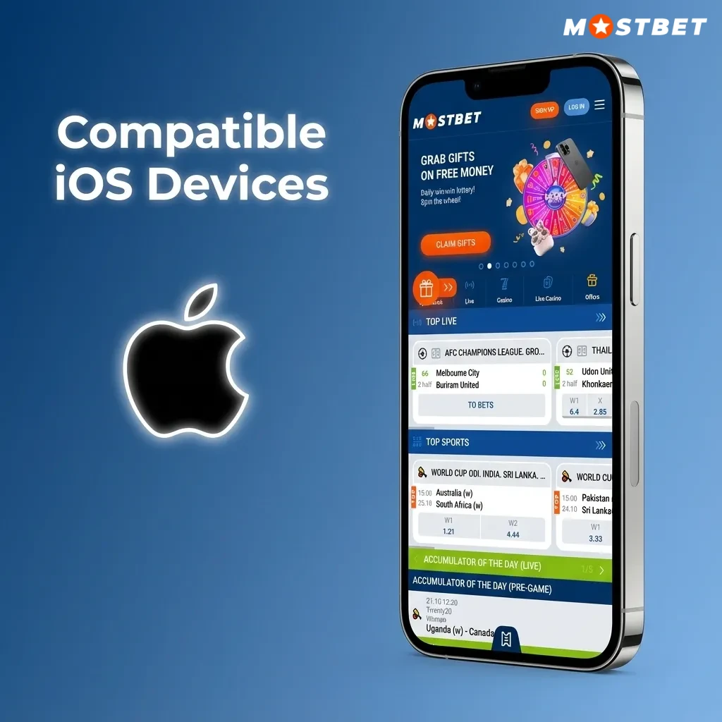 Graphic showing Mostbet iOS app compatibility across iPhone X–15 series and recent iPads running iOS 12 or later