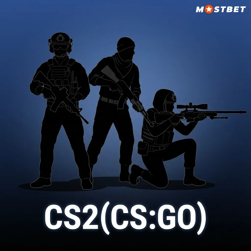Promotional CS2 esports graphic highlighting top tournaments and Mostbet live betting markets for competitive matches
