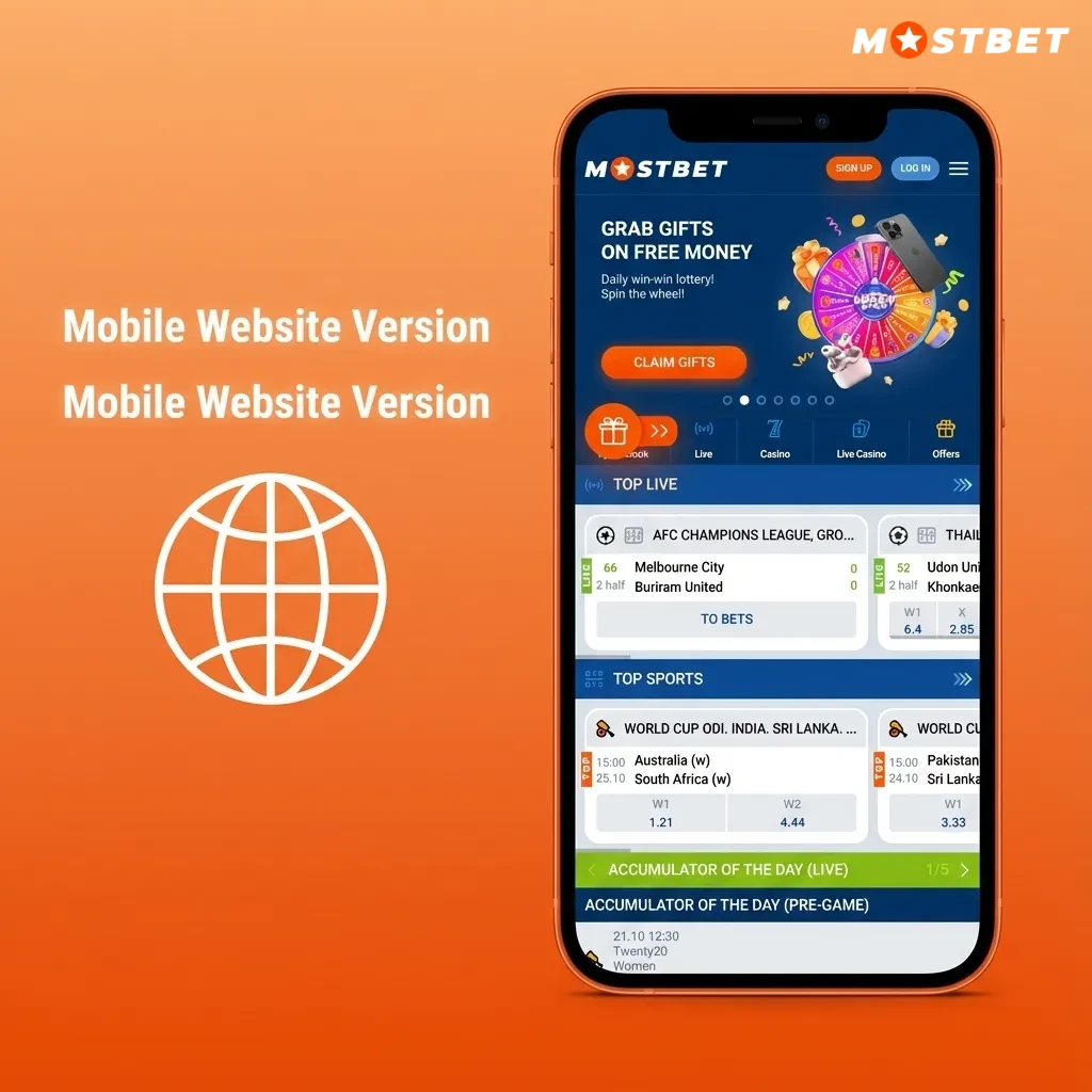 Smartphone displaying the Mostbet mobile website with betting, casino, and account options visible in a browser interface