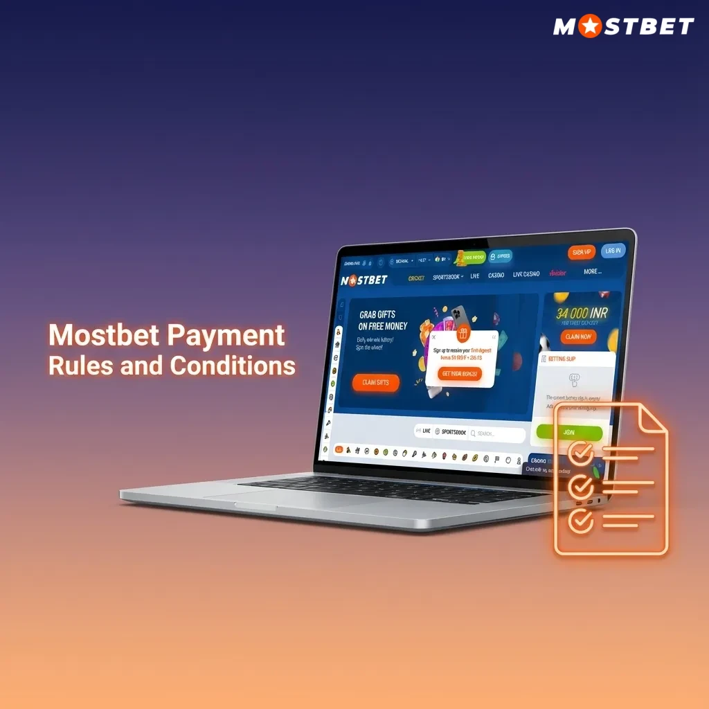 Infographic titled “Mostbet Payment Rules” listing KYC, own-name accounts, same payment route, limits, and one account per user