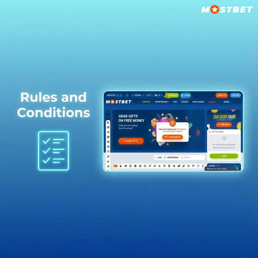 Illustration of Mostbet rules and conditions highlighting account, bonus, betting, and withdrawal terms for Indian players
