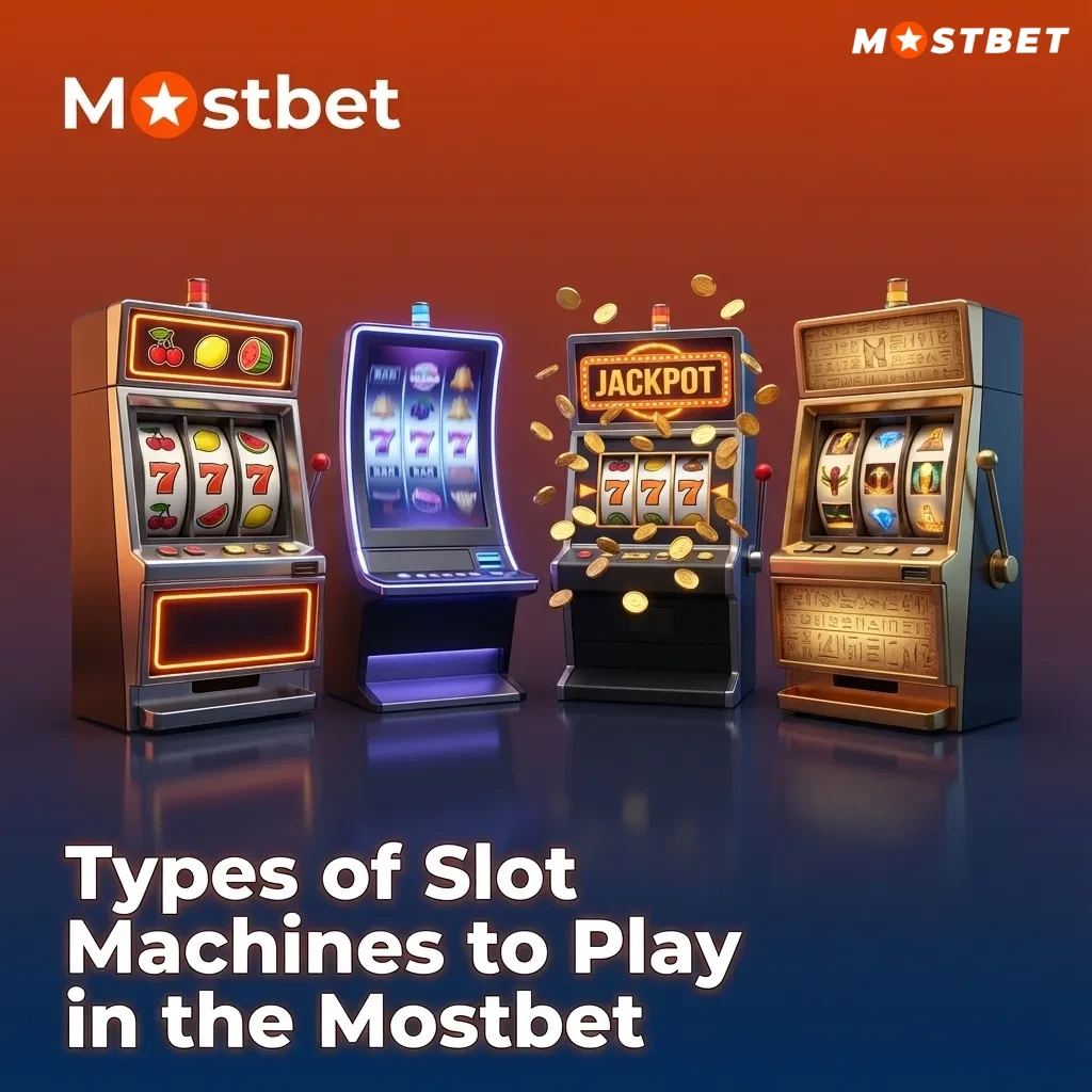 Mostbet casino lobby graphic showing icons for classic, video, jackpot, Megaways, crash, and themed slot games