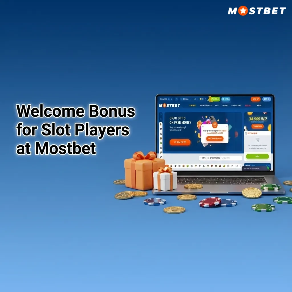 Colorful Mostbet casino banner highlighting 125% welcome bonus for slot players and ongoing promotions