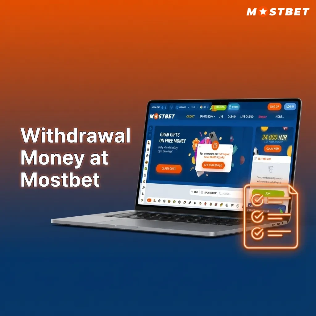 Illustration of an Indian user withdrawing rupees from Mostbet, showing app cashier screen and money moving to bank wallet